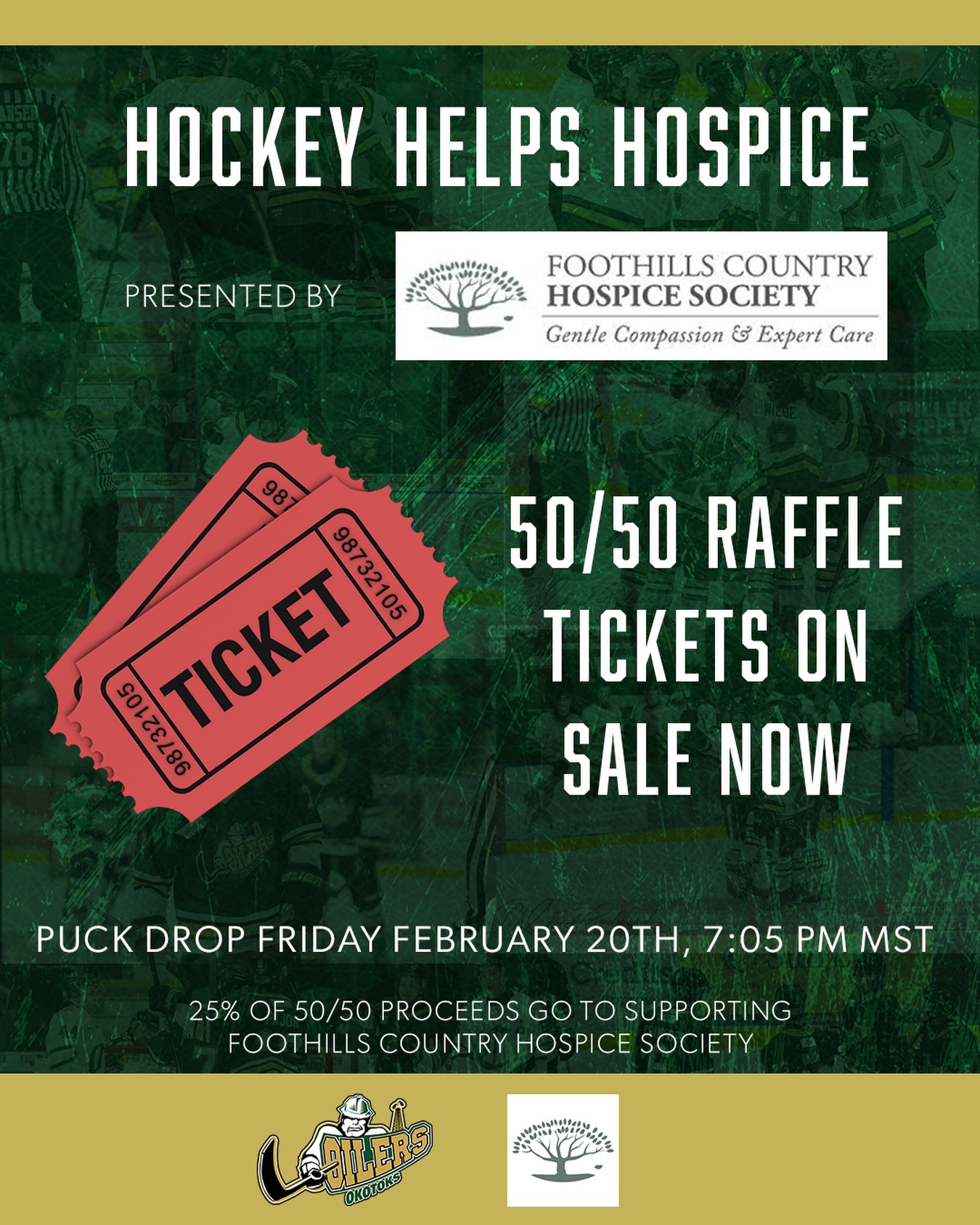 Get your 50/50 tickets now!

Exciting news! 🎉 50/50 tickets are on sale now, and your participation makes a difference. 25% of the proceeds go towards supporting @countryhospice Whether you purchase online at https://www.rafflebox.ca/raffle/okotoksoilers or snag tickets from our awesome volunteers during the game, every ticket helps spread hope.

Let’s rally together and show our support for Foothills Country Hospice Society

#hockeyhelpshospice #builtalbertastrong #bchl #okotoksoilers