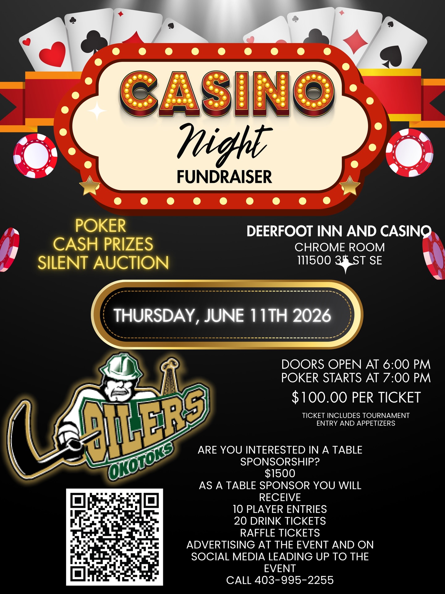 Ready for a night of fun?

Join the Okotoks Oilers at our annual Casino Night on June 11th at Deerfoot Inn and Casino! 🎲 Enjoy poker, cash prizes, and a silent auction. Get your tickets now at tickets.okotoksoilers.com!

#CasinoNight #OilersFundraiser #OkotoksEvents