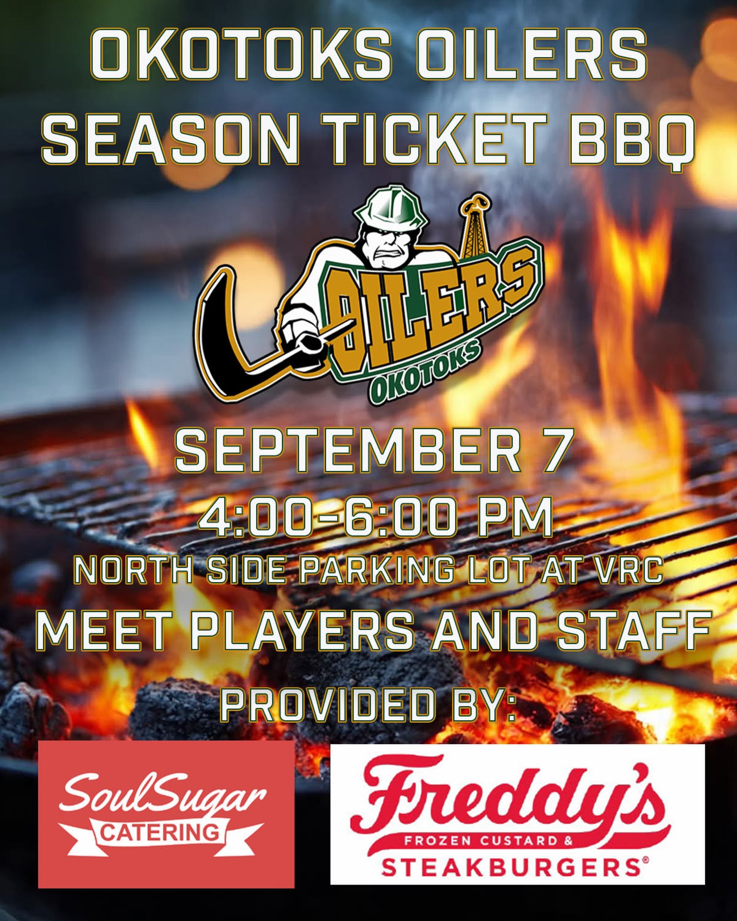 📣Exclusive to Okotoks Oilers season ticket holders!📣

Join us on September 7 from 4:00 to 6:00 p.m. at the north side parking lot at Viking Rentals Centre for a BBQ along with an opportunity to meet the players for the 2026-2027 season, as well as staff!

This event will only be open to those who have purchased their season tickets! If you haven’t secured yours yet, visit Tickets.OkotoksOilers.com!

#OkotoksOilers #BCHL