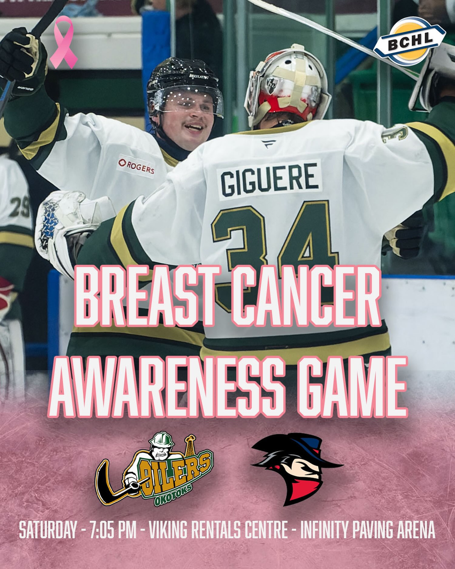 You don’t want to miss out on our Breast Cancer Awareness Game, as our guys will be wearing special uniforms. The jerseys will be auctioned off with some of the proceeds going to the Canadian Cancer Society! More details to follow this week.

Come wearing pink to the game to help spread the awareness!

Tickets can be purchased at Tickets.OkotoksOilers.com

📸 @chadegoddard 

#OkotoksOilers #BCHL