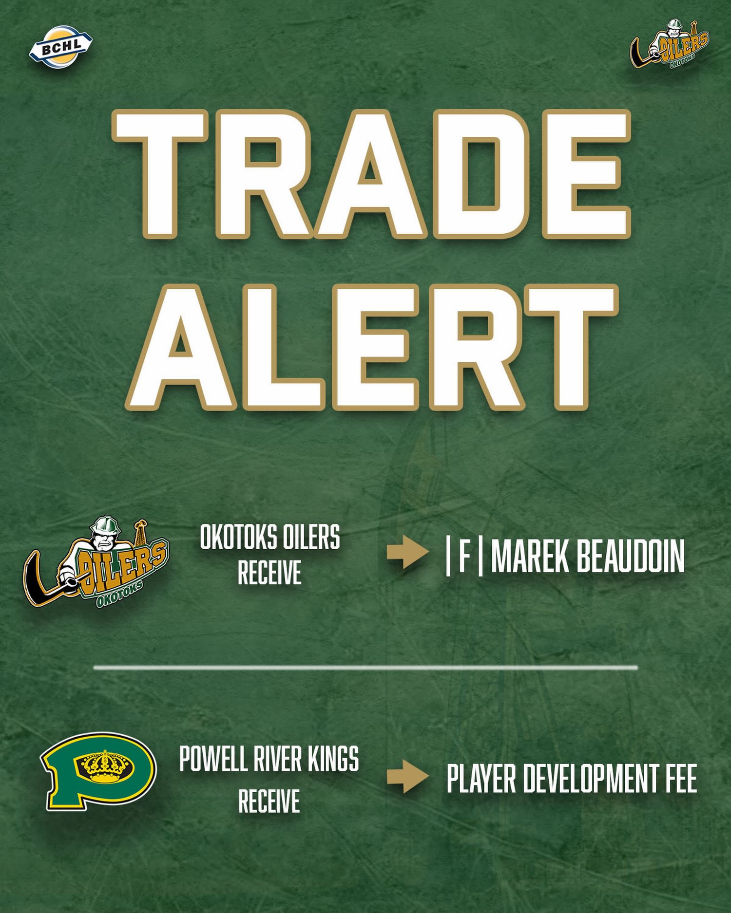 🚨Trade Alert🚨 

The Okotoks Oilers have acquired 2006-born forward Marek Beaudoin (Verchères, QC) from the Powell River Kings in exchange for a player development fee.

#OkotoksOilers #BCHL #TradeAlert