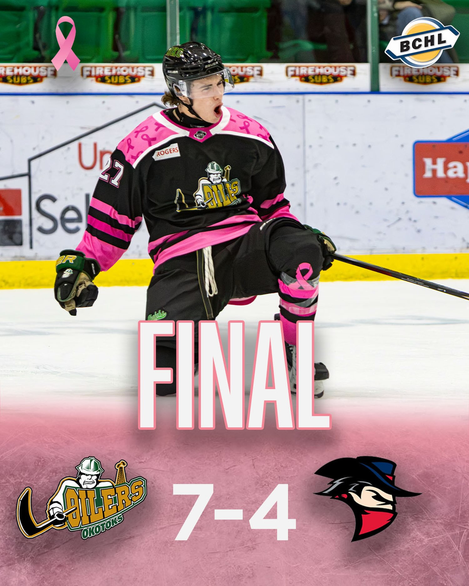 Oilers WIN!!!! 7-4 over the Brooks Bandits!

What a way to end our Breast Cancer Awareness game!

Thank you to the Green Army, you made this night one to remember!

📸 @scott_savard_photography 

#OkotoksOilers #BCHL