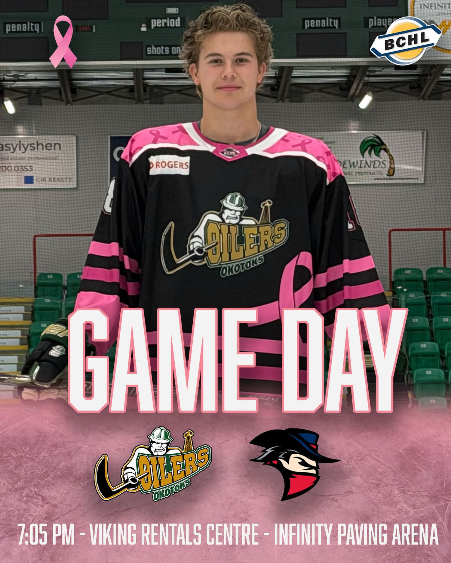 We are hours away from our Breast Cancer Awareness Game!

Make sure to come dressed in pink, as well as tag us or use hashtag #OkotoksOilersBCA when posting tonight!

#OkotoksOilers #BCHL