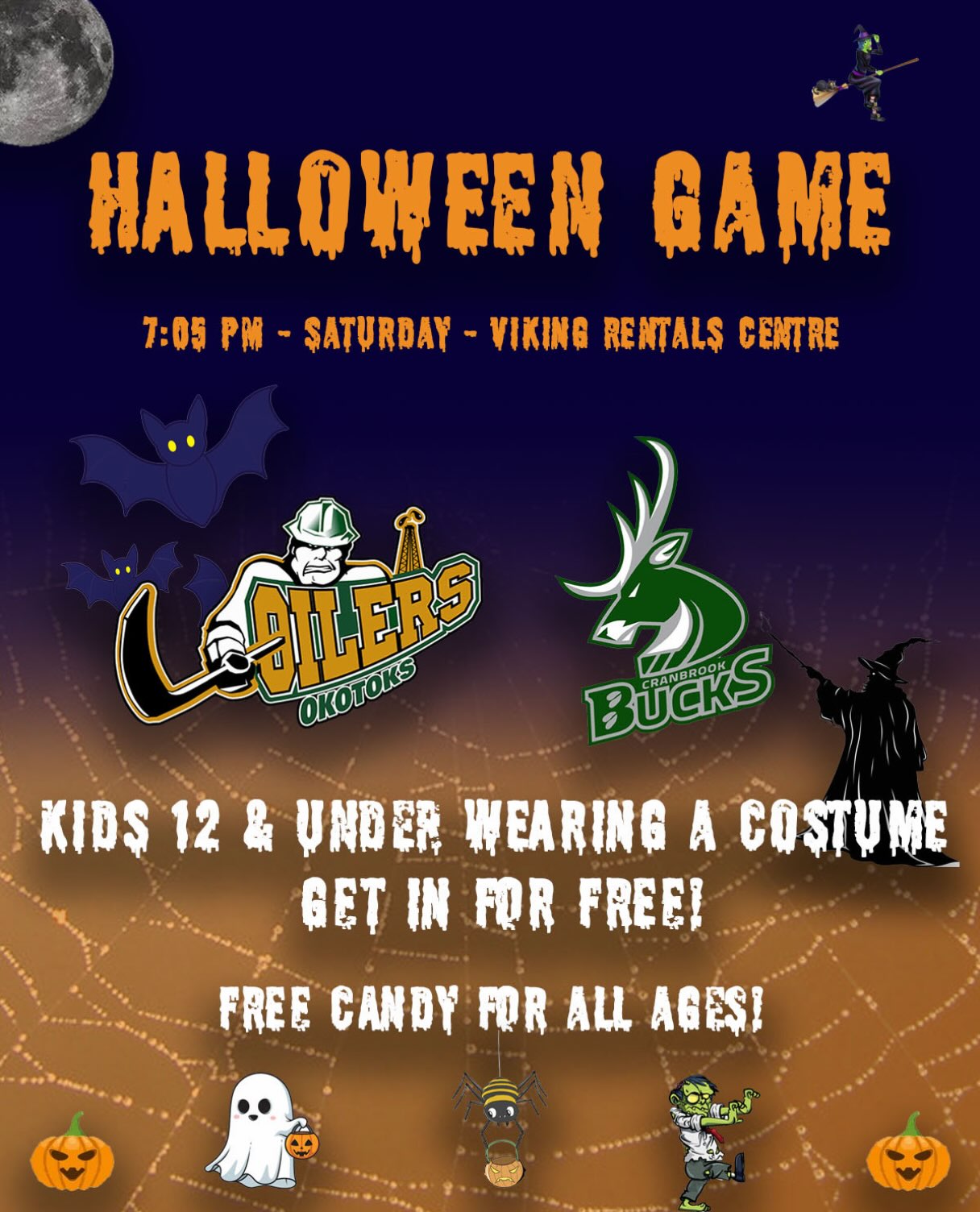 🎃We are celebrating Halloween this Saturday when we host the Cranbrook Bucks at the VRC! 🎃

Make us your last stop while out for trick or treating and enjoy some Saturday night hockey!

Kids 12 & Under wearing a costume will get FREE entry into the game and fans of all ages can grab some FREE candy while watching our guys play!

For Kids 12 & Under who are wearing a costume are asked to visit the ticket booth before making their way into the arena. 

👻We are excited to see the many costumes at the VRC on Saturday!👻

#OkotoksOilers #BCHL