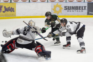 Michael Kowalski getting a shot off against Blackfalds.(Chad Goddard/Okotoks Oilers)