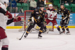 Brennen Hocher protecting the front of his net. (Chad Goddard/Okotoks Oilers)