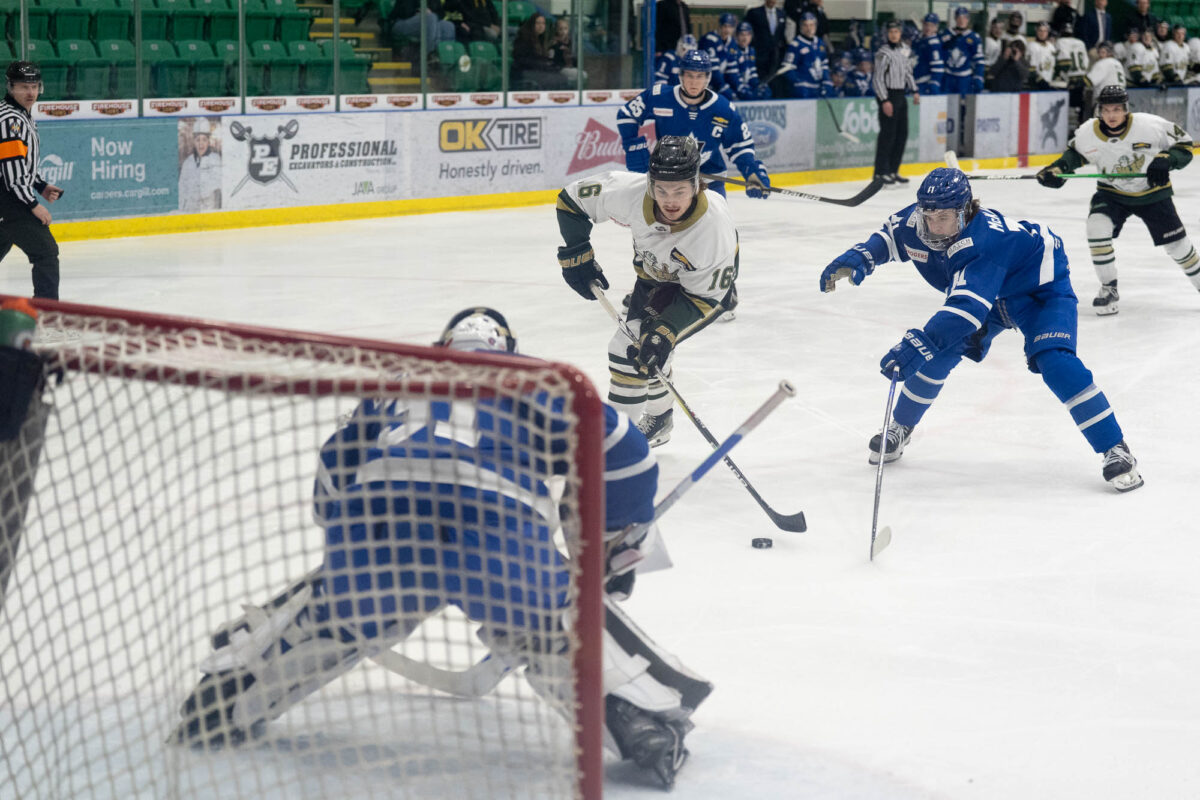Jackson Rowland taking a shot on goal. (Chad Goddard/Okotoks Oilers)