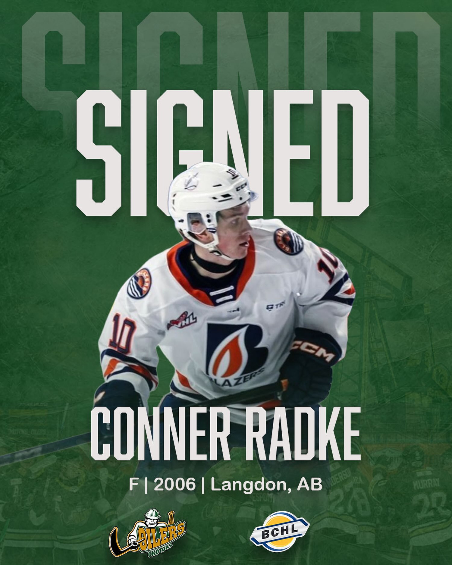✍️Signing✍️

Oilers faithful help us welcome 2006-born forward @conneradke to the Green and Gold!

Is it September yet?! We can’t wait to see Radke in an Oilers uniform!

To read more about Radke, visit OkotoksOilers.com!

Have you got your season tickets yet? Visit Tickets.Okotoks.Oilers.com to secure yours now!

#OkotoksOilers #BCHL