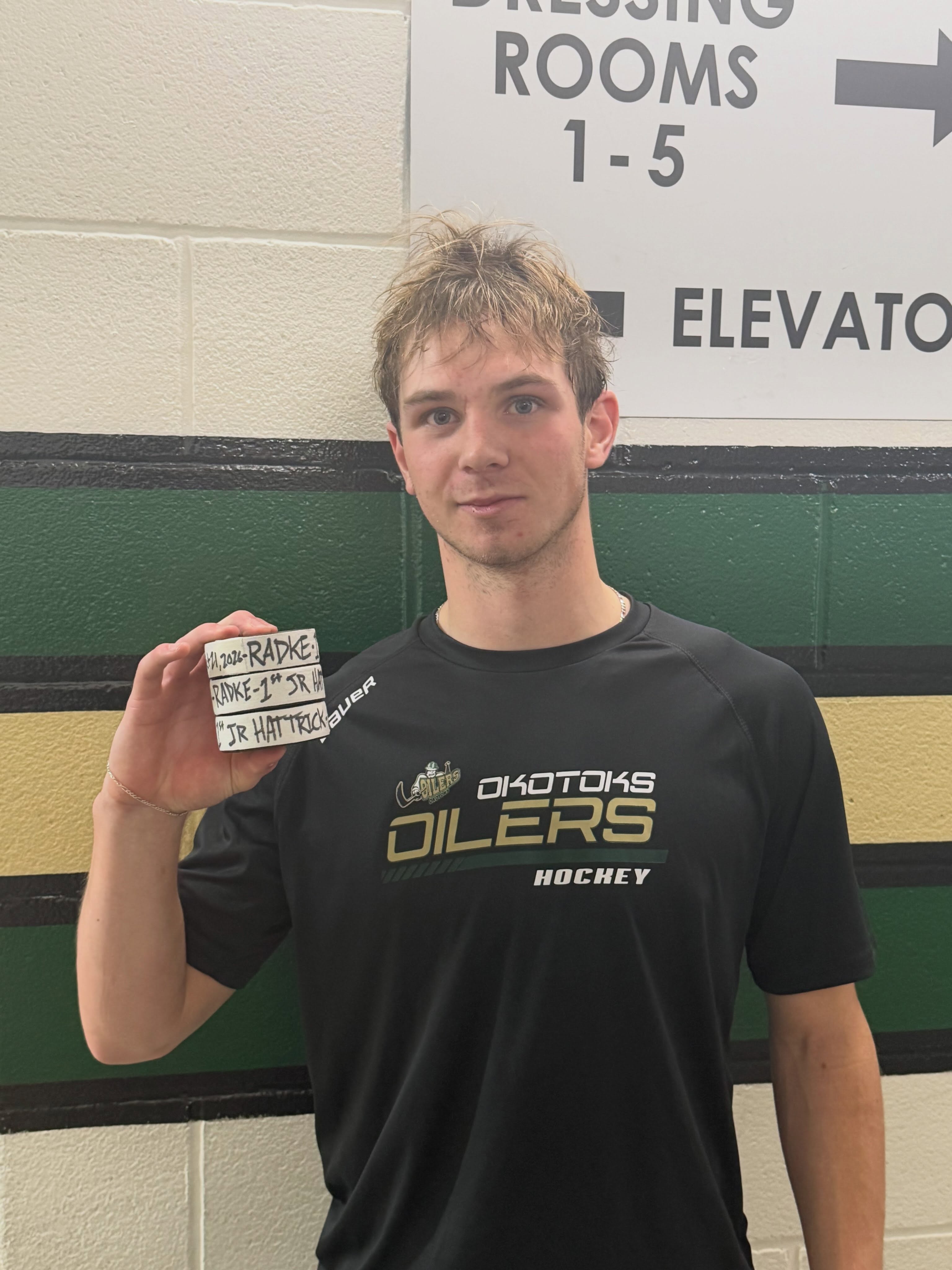 Conner Radke with three game pucks as he posted his first hat trick while wearing an Okotoks Oilers BCHL uniform!

#OkotoksOilers #BCHL #Radke