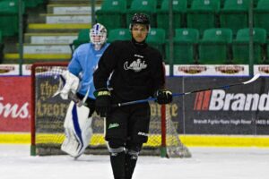 Gabe Simpson zoned in during practice. (Scott Savard/Okotoks Oilers)