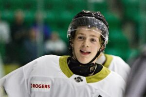 Michael Mikan all smiles after scoring a goal in preseason. (Scott Savard/Okotoks Oilers)
