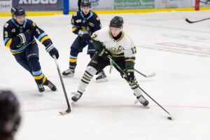 Brady Engelkes loading up a shot against the Spruce Grove Saints. (Chad Goddard/Okotoks Oilers)