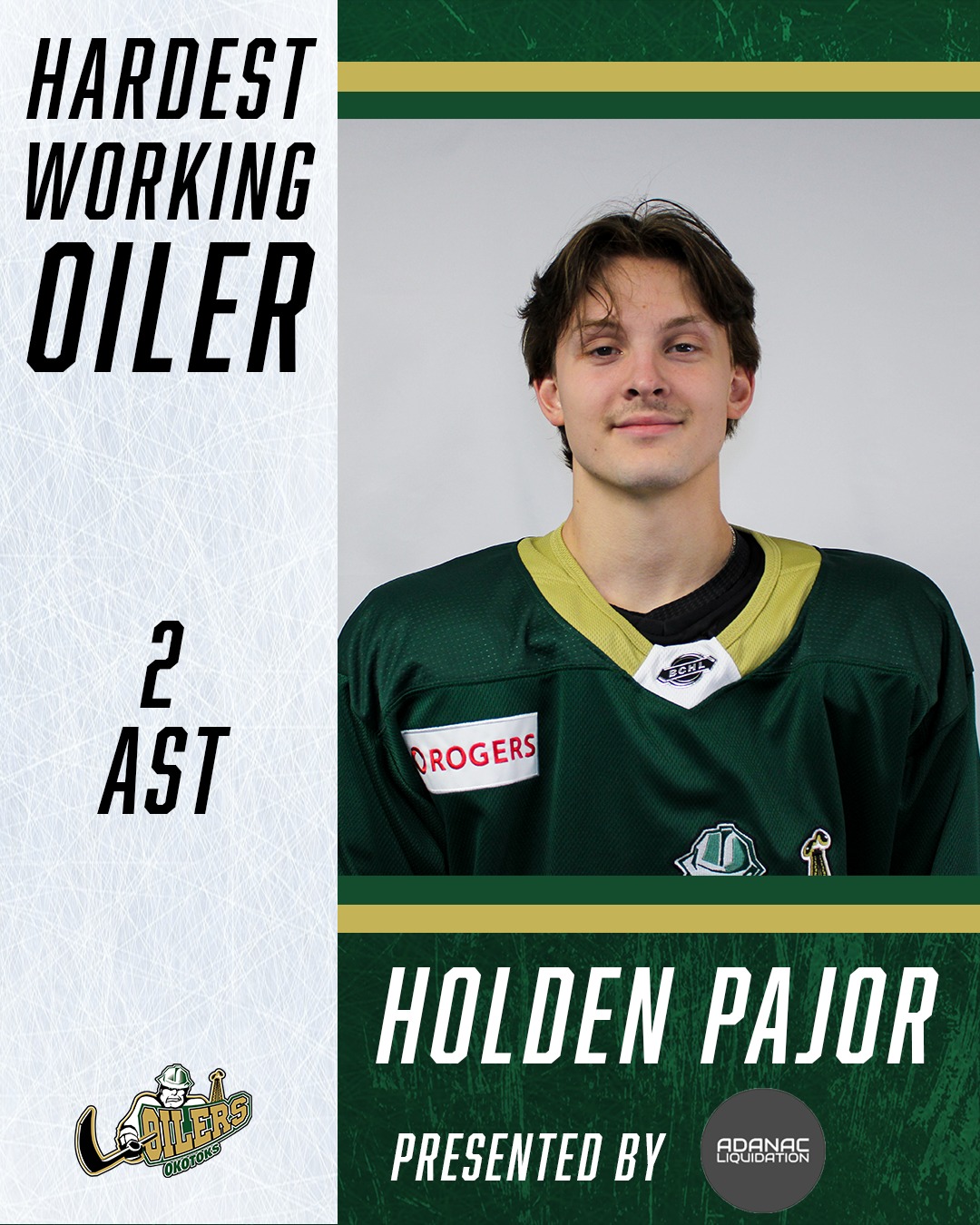 Hardest working Oiler from tonight's game against the Bandits has been awarded to Holden Pajor!!

#BuiltAlbertaStrong | #BCHL