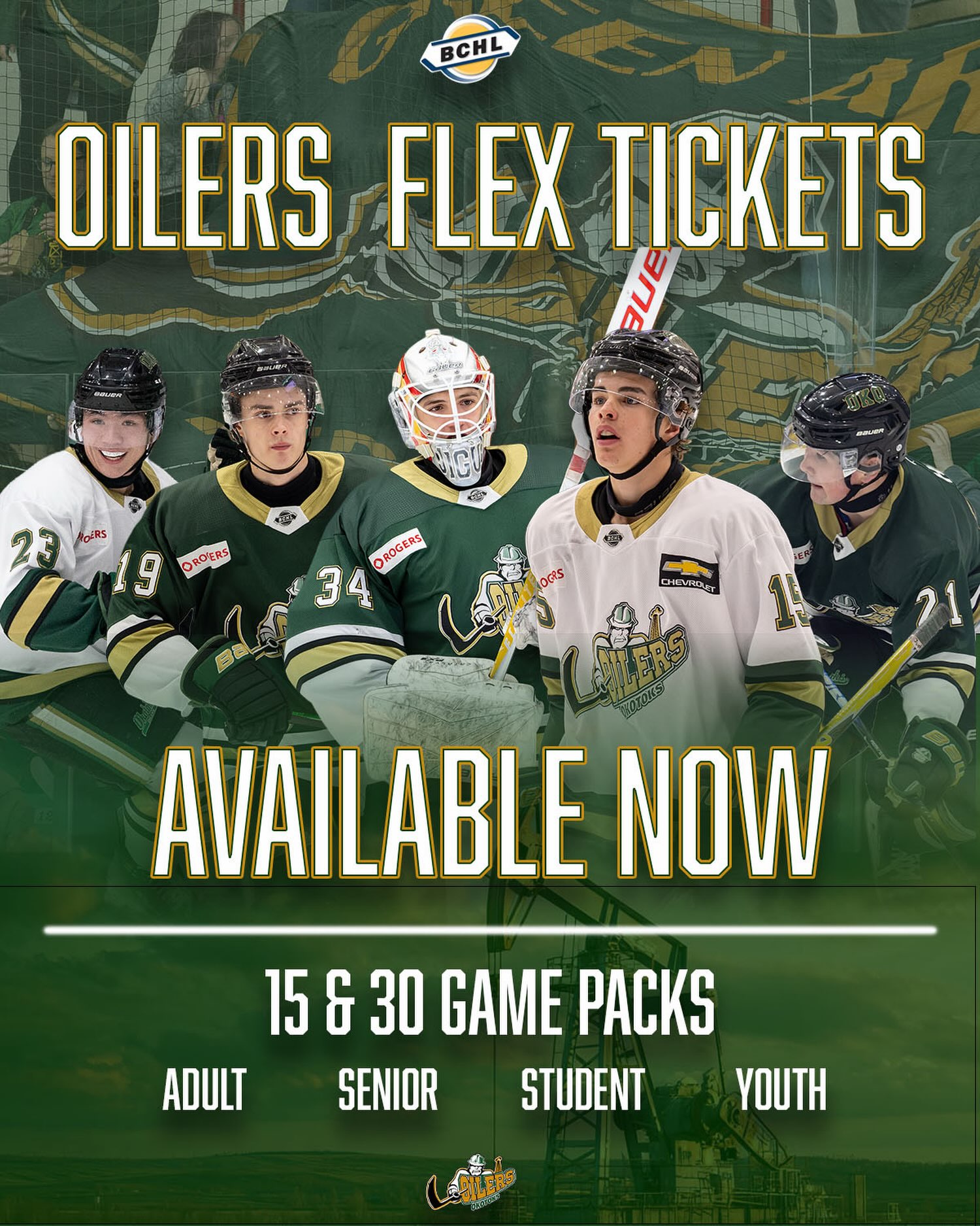 📣Flex Ticket Packages Available Now!📣

Our 15 and 30 Flex Ticket Packages are now available for purchase at Tickets.OkotoksOilers.com

These packages allow you to use 15 or 30 tickets to Oilers hockey at Viking Rentals Centre for any home game.

Tickets can be redeemed for any Oilers home game during the 2026-2027 BCHL season. You can use one ticket for 15 or 30 games, or even use all 15 or 30 tickets for one game.

Flex Ticket Packages allow you to choose when to use your tickets!

Purchasing your Flex Ticket Package will also gain you access to the Season Ticket BBQ on September 7 at the VRC!

Pricing for 15 games:

Adult - $220
Senior - $180
Student - $120
Youth - $90

Pricing for 30 games:

Adult - $377
Senior - $319
Student - $203
Youth - $145

Visit Tickets.OkotoksOilers.com for more info!

#OkotoksOilers #BCHL