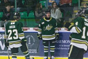 Luke Calabria jacked up after blasting a puck home. (Scott Savard/Okotoks Oilers)