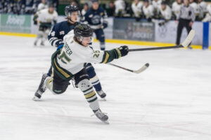 Nate Porter ripping a shot on the Rivermen's net. (Chad Goddard/Okotoks Oilers)