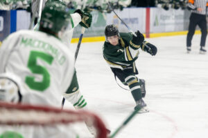 Michael Kowalski ripping a shot on net. (Chad Goddard/Okotoks Oilers)