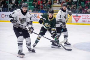 Joey Meredith parking himself in front of the Blackfalds Bulldogs net. (Chad Goddard/Okotoks Oilers)