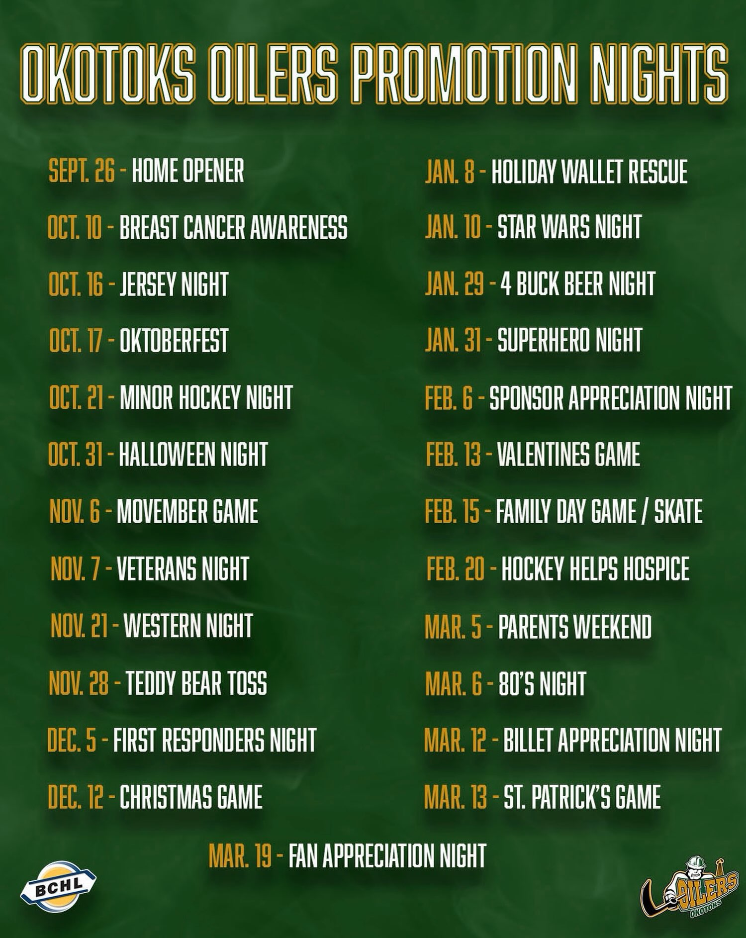Mark your calendars, as we have a lots of promo nights this season to look forward to!

If you want to make sure to secure your spot at each promotion game, purchase your season tickets at Tickets.OkotoksOilers.com.

#OkotoksOilers #BCHL