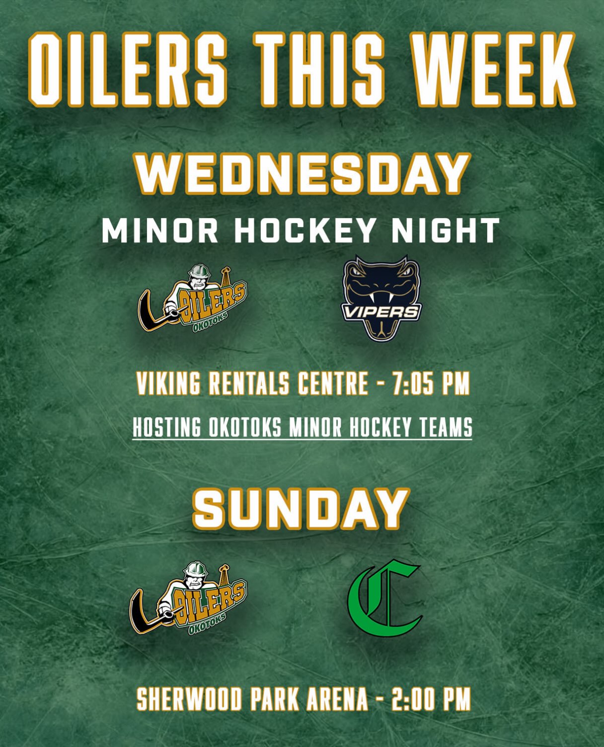 We are back at the VRC this Wednesday for Minor Hockey Night, and then hit the road for Sherwood Park on Sunday!

If you are a local minor hockey team and interested in attending, have your team manager reach out to admin@OkotoksOilers.com!

#OkotoksOilers #BCHL