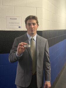 Will Watson with his first ever BCHL goal puck. (Scott Savard/Okotoks Oilers)